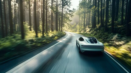 Obraz premium EV car, Electric car or hydrogen energy car on road midst forest and natural. Environmental friendly travel. Sustainable transportation and green logistic to Net zero carbon emission for Save earth