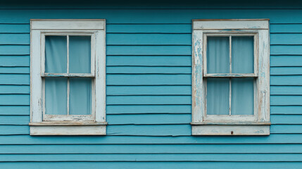 Fototapeta premium vibrant blue wall features two rustic windows with aged wooden frames, showcasing chipped paint and soft curtains