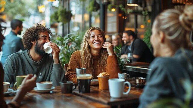 Cafe Conversation: Friends share laughter and stories over steaming cups of coffee in a cozy cafe, creating a warm and inviting atmosphere.