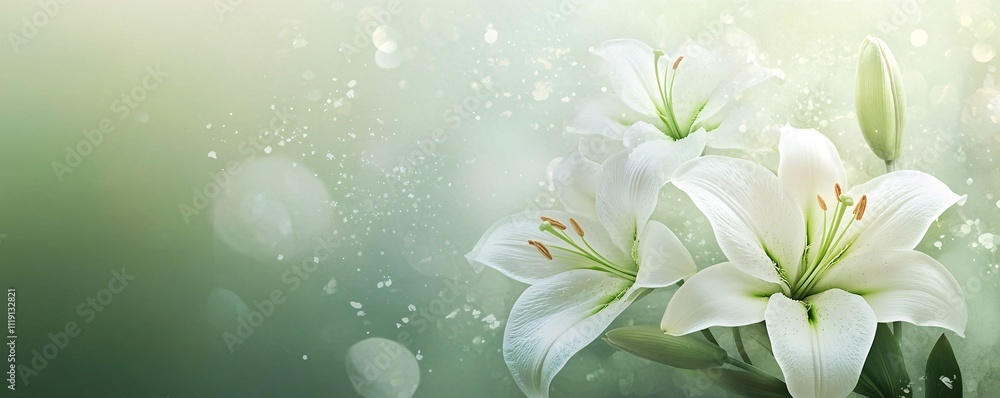 Poster elegant easter background with a soft green gradient and white lilies, creating a sophisticated spri