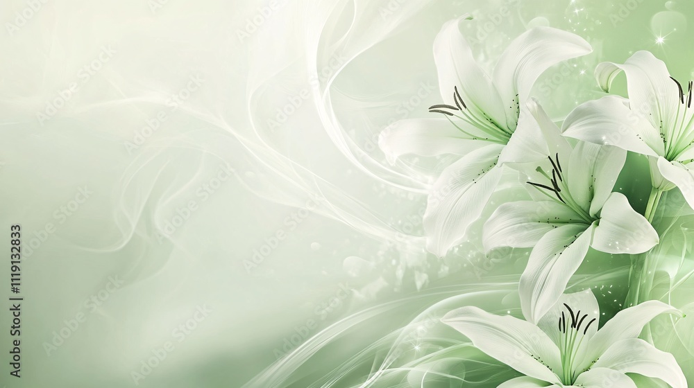 Poster elegant easter background with a soft green gradient and white lilies, creating a sophisticated spri