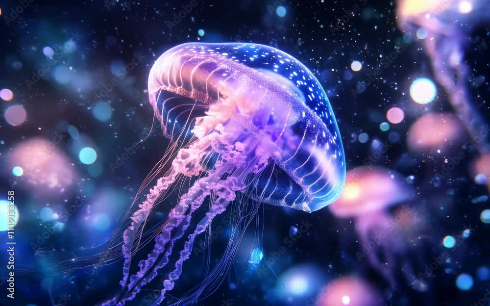 Poster ethereal jellyfish swimming in a colorful ocean environment with magical glow effect and soft bokeh 