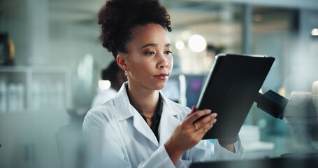 Woman, tablet and scientist in lab for test results, research and study on genetic analysis. Female person, biology investigation and internet for experiment update, check science and night for plan