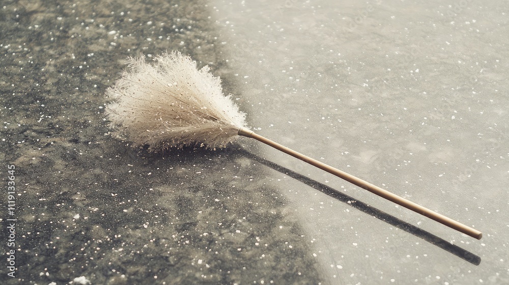 Poster delicate duster sticking out on a polished surface, capturing light with a soft glow, showcasing a m