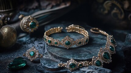 Emerald and Diamond Jewelry on a Dark Background