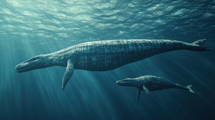 Obraz premium Plesiosaur Family in the Depths