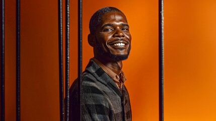 Naklejka premium Confident Black Man Portrait Orange Background Studio Shot Bars Hope Freedom