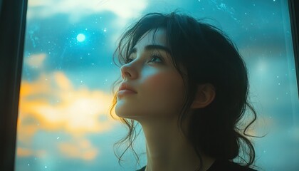 Silhouette of a woman gazing at Earth through a cosmic window in awe