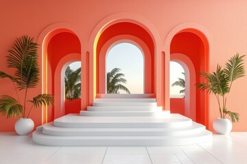 Fototapeta premium A modern architectural space with arches and steps, featuring palm plants and a vibrant backdrop.