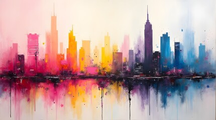 Obraz premium Dynamic abstract painting of a city skyline with vivid colors and colorful reflections. blend of pink, yellow, and blue hues, capturing urban energy and artistic expression.