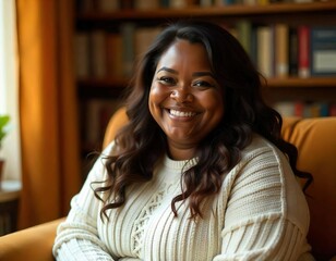  A 35-year-old black woman oversize, fat with long brown wavy hair wearing a cozy white cable knit sweater, smiling warmly at the camera in a cozy indoor setting