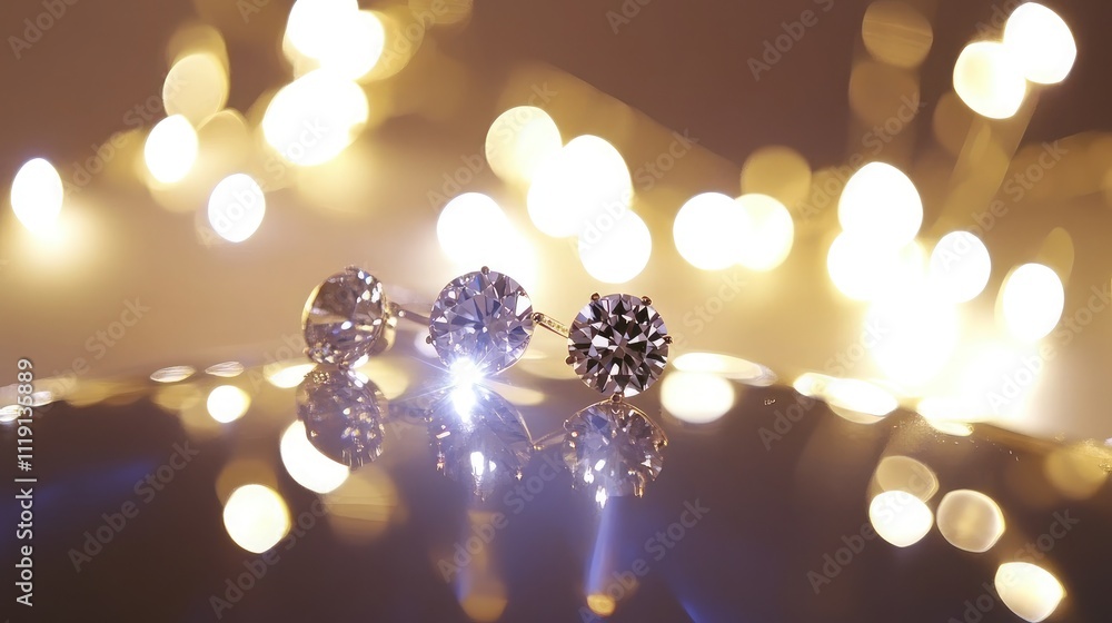 Poster sparkling jewelry on a reflective surface with blurred fairy lights in the background creating a dre
