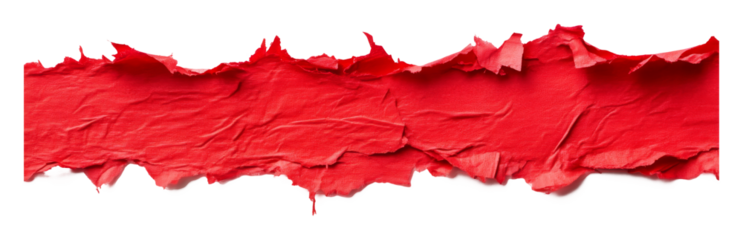Ripped red paper strip with rough edges, isolated on transparent background. Creative art and texture concept