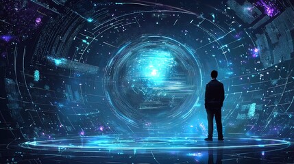 Man in suit observing a futuristic, glowing orb displaying digital data streams and information.