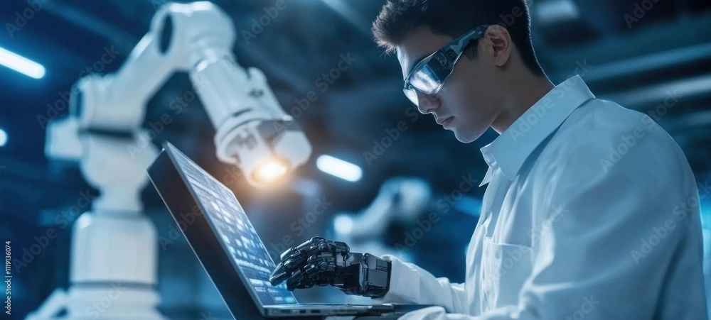 Aufkleber future of technology: a robotic arm assisted scientist works on a laptop in a high-tech lab