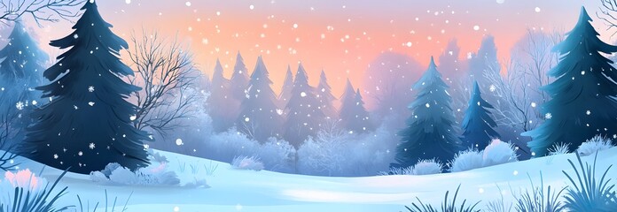 Christmas and winter landscape on blurred background, Christmas tree, pine branch or fir tree. Festive vacation background. banner