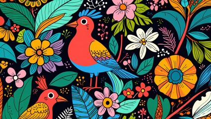 Fototapeta premium background illustration with bird and flower pattern