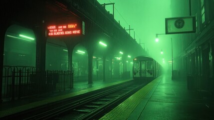 Foggy subway station at night with train.