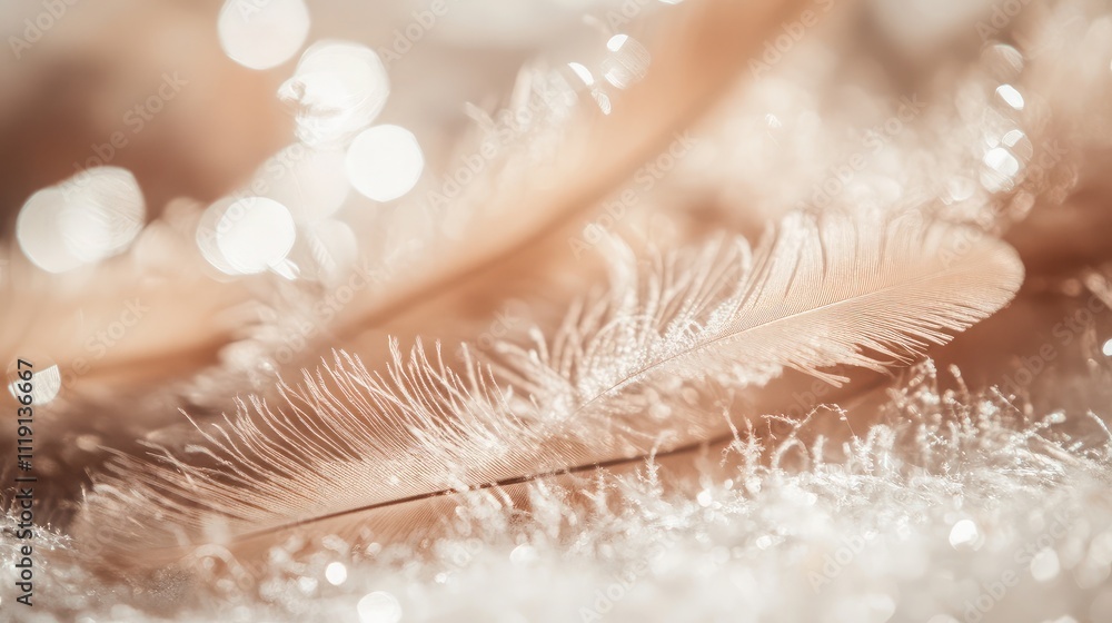 Poster soft and delicate feather close-up with sparkling bokeh background, perfect for artistic and elegant