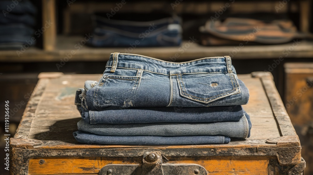 Poster stack of blue denim jeans on vintage wooden table in rustic workshop with soft ambient lighting crea