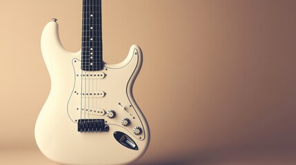 A white guitar with black pick-up and two buttons on the body, beige background, product photography, studio lighting, front view, ultra-realistic, hyper-detailed.