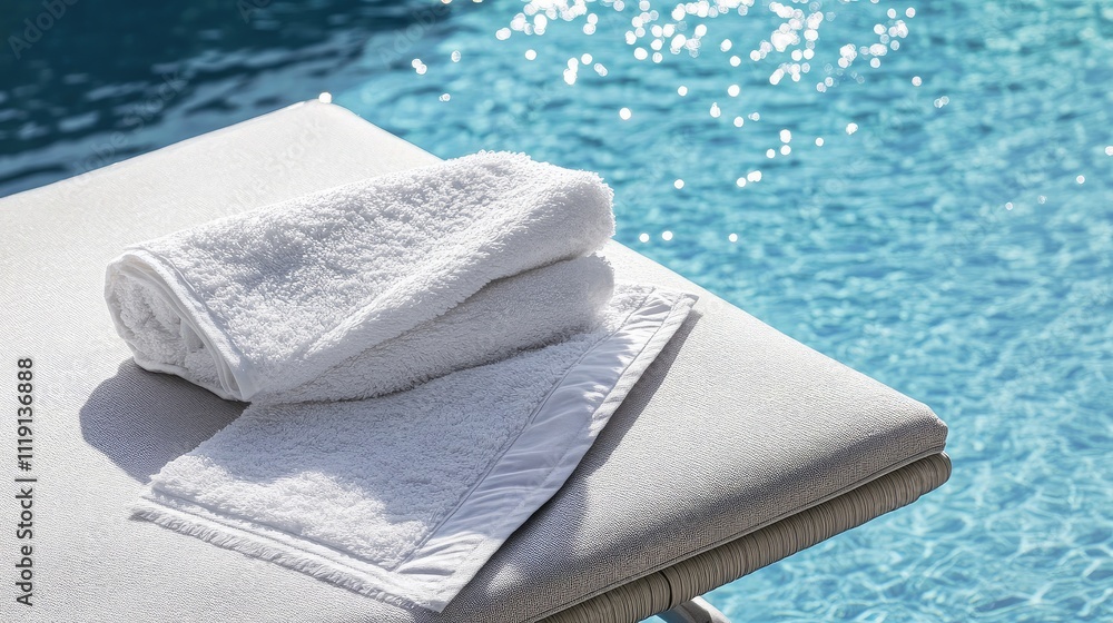 Aufkleber soft white towels neatly folded on a lounger by a refreshing pool under the glimmering sunlight for 