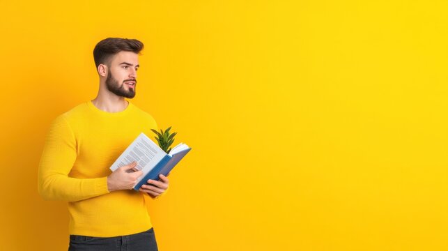 Young man holding a book with a plant on a vibrant yellow background.