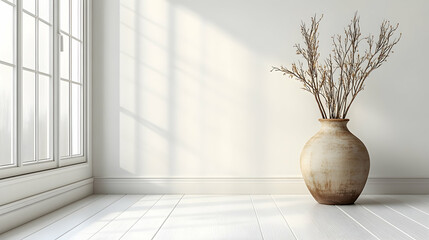 Serene minimalist interior scene featuring a large beige vase filled with dried branches, set against a bright white wall and wooden floor, bathed in soft sunlight streaming through a window.