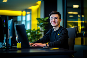 Asian male working in IT, tech or computer industry as a data scientist or developer in a modern office as a remote worker	