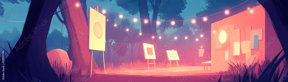 Aufkleber a serene outdoor art display illuminated by string lights in a forest setting.