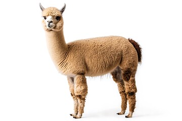 Obraz premium Full body alpaca, standing confidently, isolated on white background, high resolution detail.