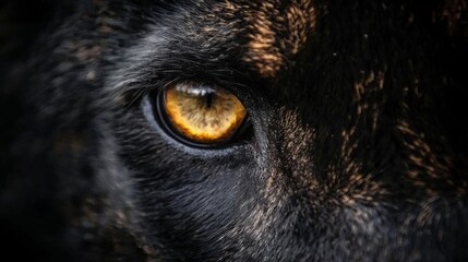Eye of a black dog with striking golden iris closely captured in natural light showcasing intense gaze and texture