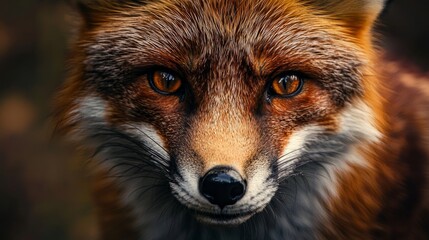 Fototapeta premium Close-up view of a red fox with striking orange eyes in the wild during late afternoon