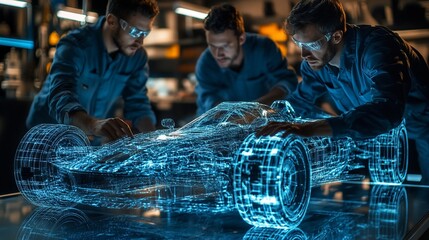 Engineers collaborate on a holographic car design in a workshop.