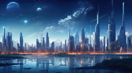 Naklejka premium Futuristic Cityscape Under Starlit Sky