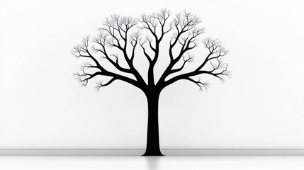 Minimalist Black Silhouette of a Leafless Tree Against a White Background for Modern Art and Design Concepts