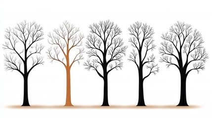 Minimalist Illustration of Leafless Trees in a Row with Unique Orange Tree Highlighting Diversity and Contrast in Nature