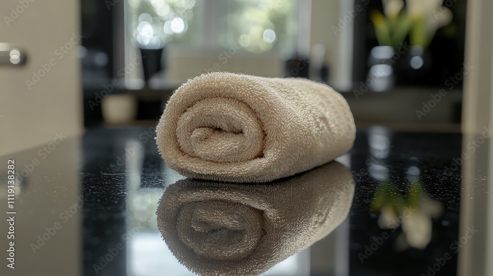 Aufkleber soft and tidy rolled towel on glossy surface in modern bathroom setting with blurred background feat