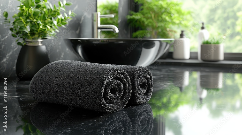 Poster elegant black towels rolled neatly on a glossy marble countertop with lush greenery and a modern sin