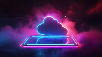 Neon cloud computing symbol hovers above a glowing tablet on a dark background.