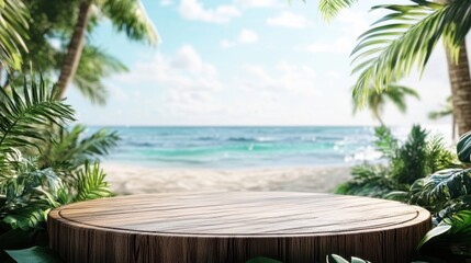 Fototapeta premium Wooden platform on tropical beach; palm trees and ocean blur. Perfect for showcasing products, summer themes, or travel promotions.