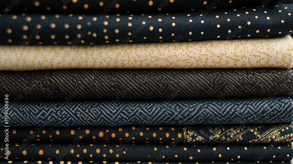 Poster textured fabric patterns stacked in neat row showcasing diverse designs in black and gold color sche