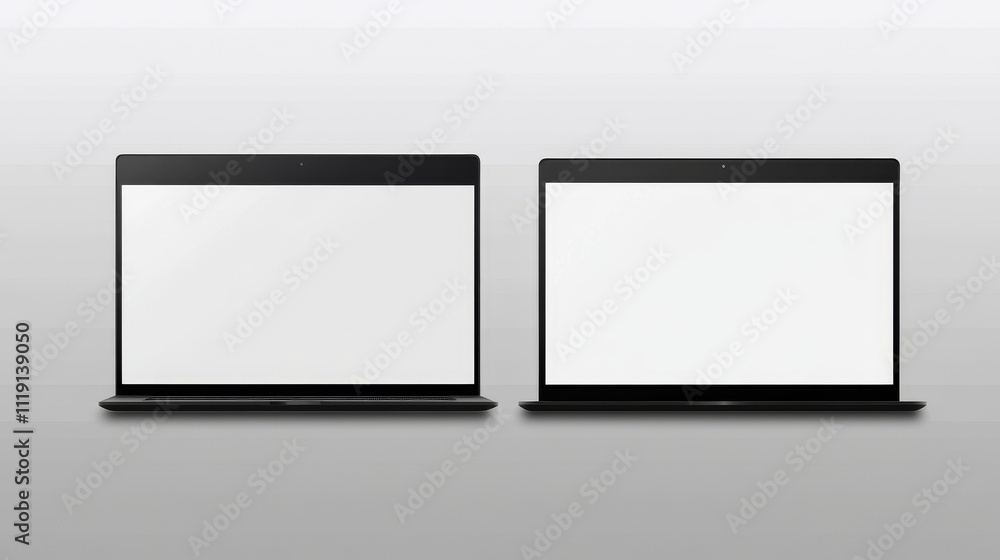 Poster mockup of laptop computer. front and side view with white and empty screen on transparent background
