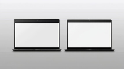 Mockup of laptop computer. Front and side view with white and empty screen on transparent background.