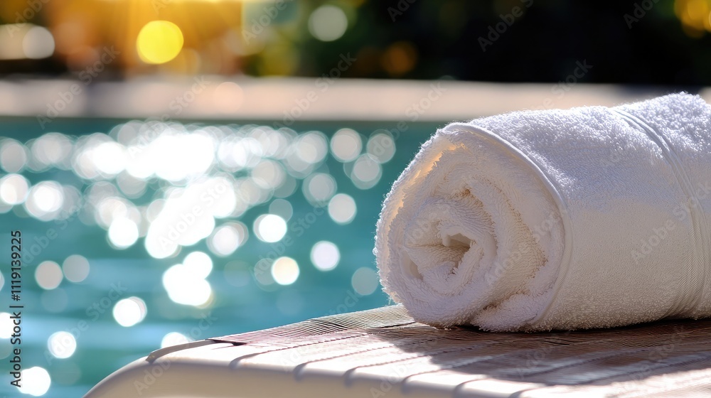 Aufkleber soft white towel rolled neatly on a poolside lounger with sunlight reflections and bokeh effect in t