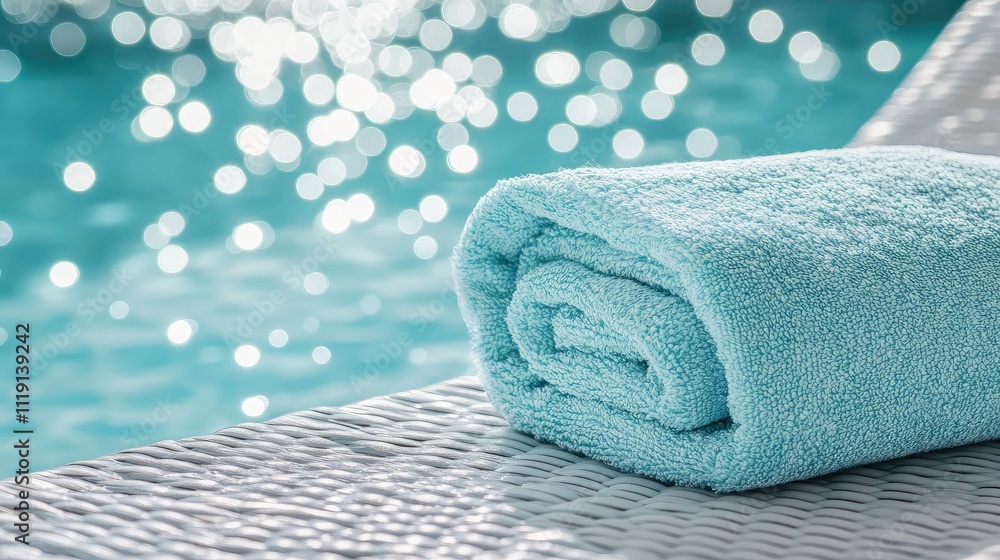 Aufkleber soft aqua towel rolled on a poolside lounger with sparkling water bokeh in a relaxing summer setting