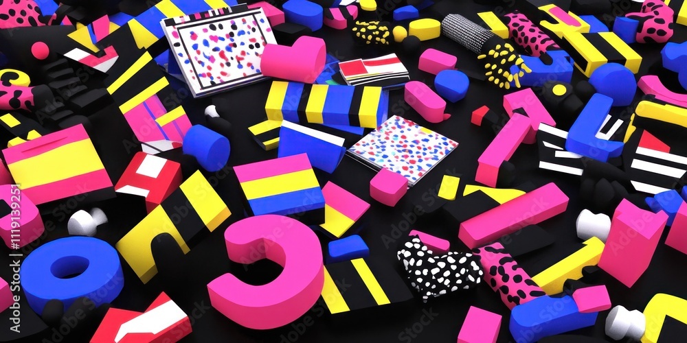 Poster a colorful assortment of geometric shapes and patterns scattered on a black surface.