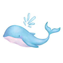 Blue whale jumping and splashing water of sea illustration. Watercolor digital artwork. Digital prints project banner and background. Wall print business ocean or marine resort