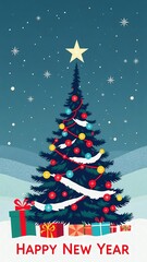 christmas tree with gifts and snowflakes