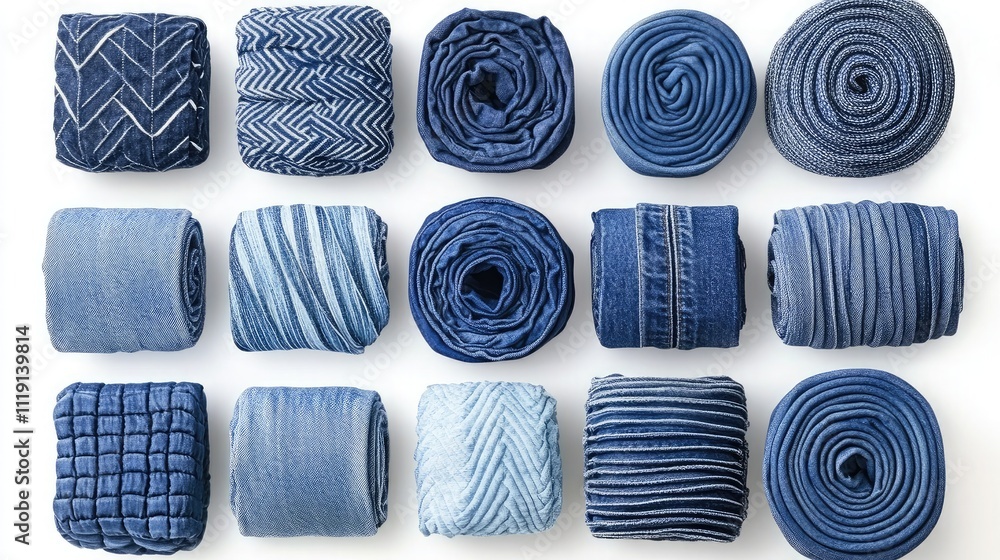 Poster collection of rolled blue fabrics showcasing different textures and patterns in various shades of de